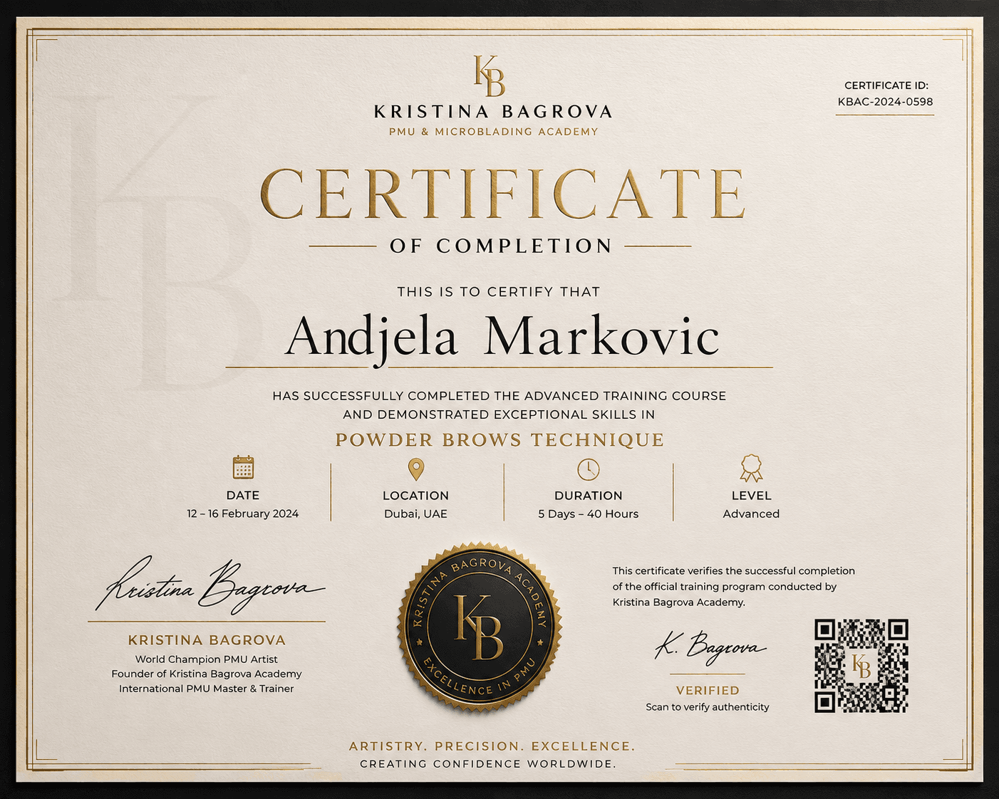 Sertifikat Kristina Bagrova Academy: Anđela Marković, napredni kurs Powder Brows tehnike, Dubai, februar 2024.